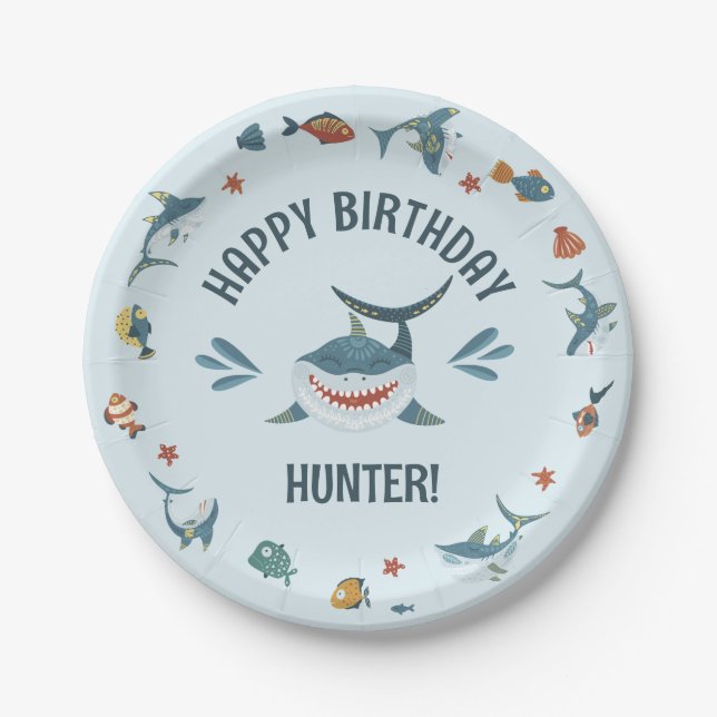 Blue Shark Themed Birthday Party Plates for Kids (Front)