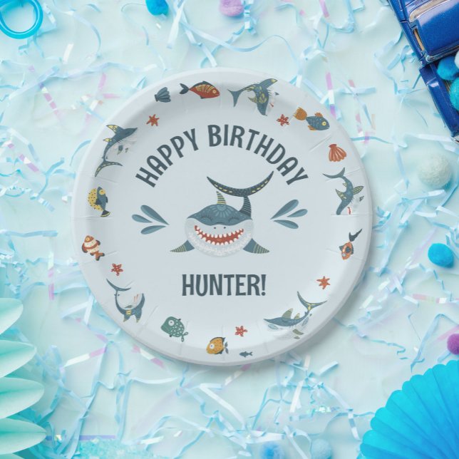 Blue Shark Themed Birthday Party Plates for Kids (shark theme party plates
)