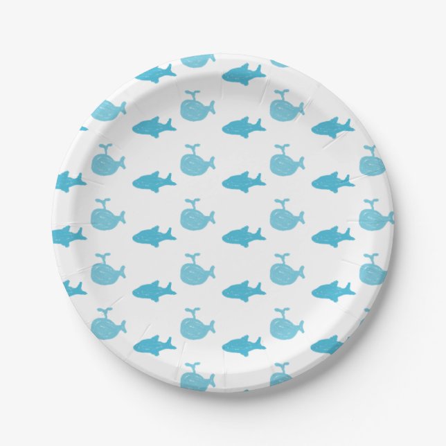 Blue Sharks and Whales Personalized Boy's Birthday Paper Plate (Front)