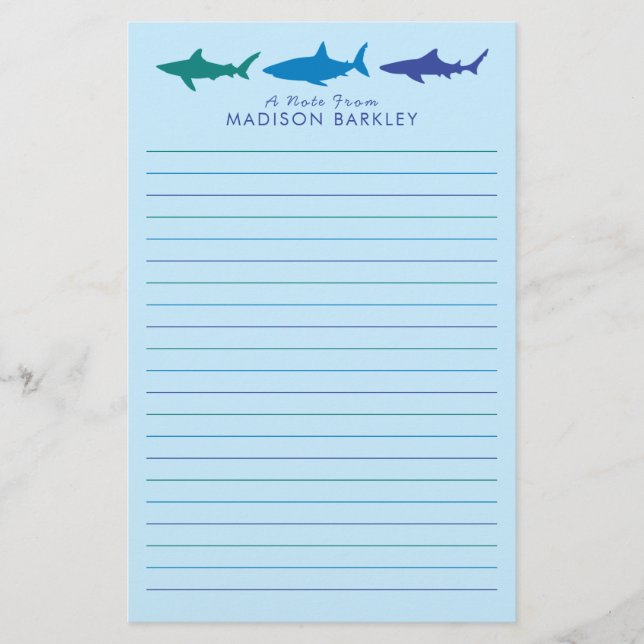 Blue Sharks Cute Kid's Stationery (Front)