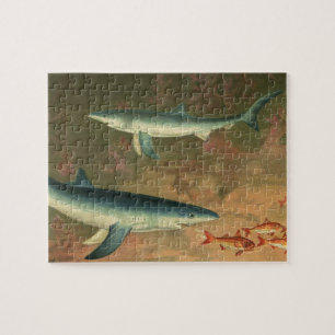 Blue Sharks Eating Fish, Vintage Marine Life Jigsaw Puzzle