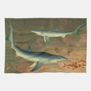 Blue Sharks Eating Fish, Vintage Marine Life Tea Towel