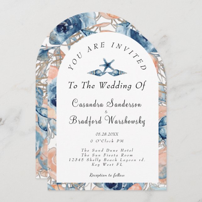 Blue Shell Flowers Watercolor Beach Wedding Invitation (Front/Back)