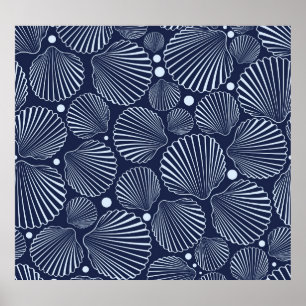 Blue shells, summer sea pattern. poster