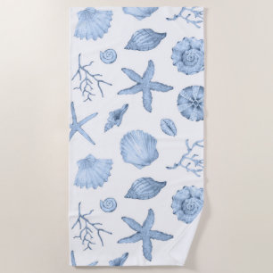 Blue Shells Watercolor Beach Towel