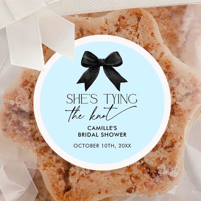 Blue She's Tying The Knot Bow Bridal Shower Classic Round Sticker (Creator Uploaded)