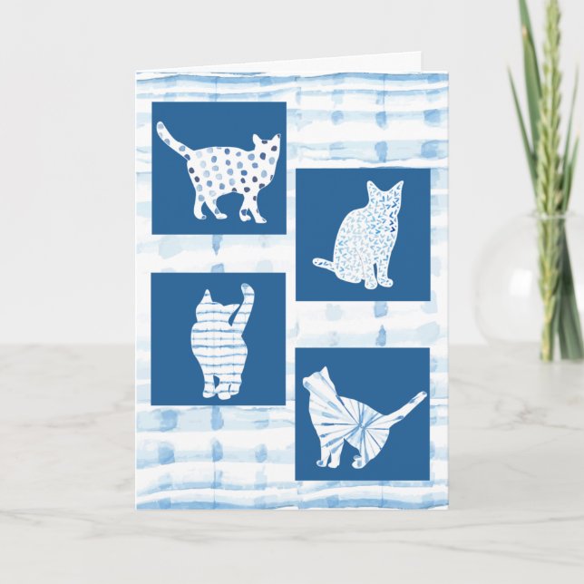 Blue Shibori Cat Silhouettes Blank Thinking of You Card (Front)