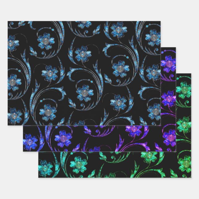Blue Shimmer Floral 2  Wrapping Paper Sheet (Set)