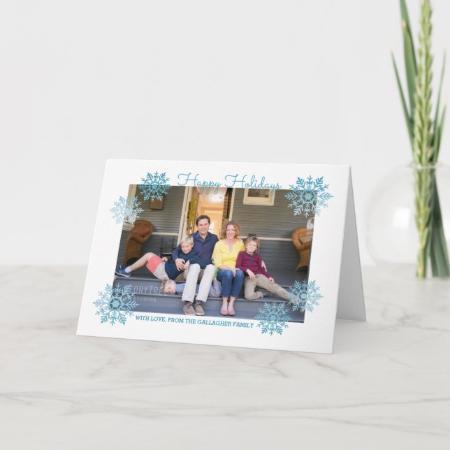 Blue Shimmering Chic Snowflake Holiday Photo Card (Front)