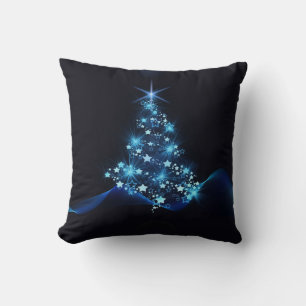 Blue Shine of Stars on Christmas Tree Dark Cushion