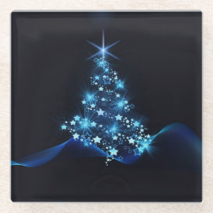 Blue Shine of Stars on Christmas Tree Dark Glass Coaster
