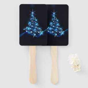 Blue Shine of Stars on Christmas Tree Dark Hand Fan