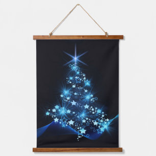Blue Shine of Stars on Christmas Tree Dark Hanging Tapestry