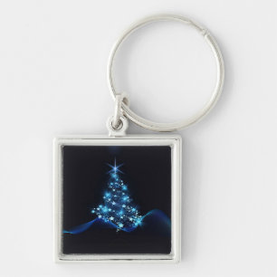 Blue Shine of Stars on Christmas Tree Dark  Key Ring