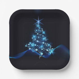 Blue Shine of Stars on Christmas Tree Dark  Paper Plate