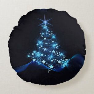 Blue Shine of Stars on Christmas Tree Dark Round Cushion