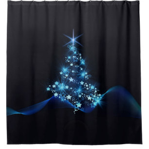Blue Shine of Stars on Christmas Tree Dark Shower Curtain