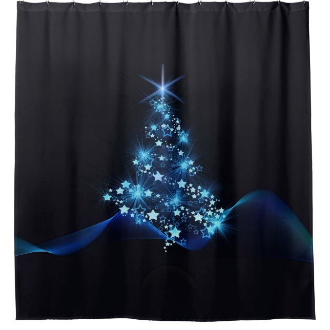 Blue Shine of Stars on Christmas Tree Dark  Shower Curtain (Front)