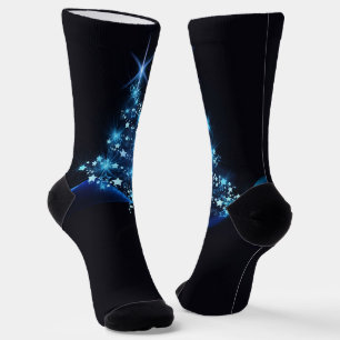 Blue Shine of Stars on Christmas Tree Dark Socks