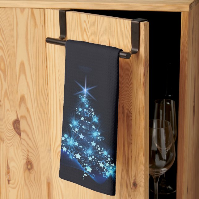Blue Shine of Stars on Christmas Tree Dark  Tea Towel (Thirds Fold)