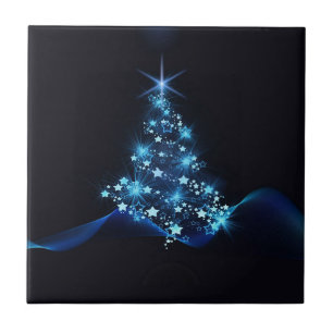 Blue Shine of Stars on Christmas Tree Dark  Tile