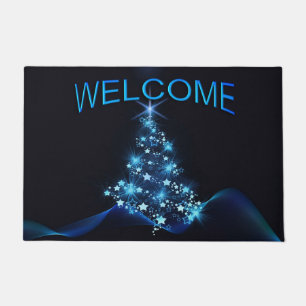 Blue Shine of Stars on Christmas Tree Dark Welcome Doormat