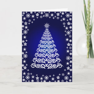 Blue Shining Stars Christmas Tree Greetings Card