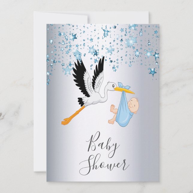 Blue shining stars silver stork boy baby shower invitation (Front)