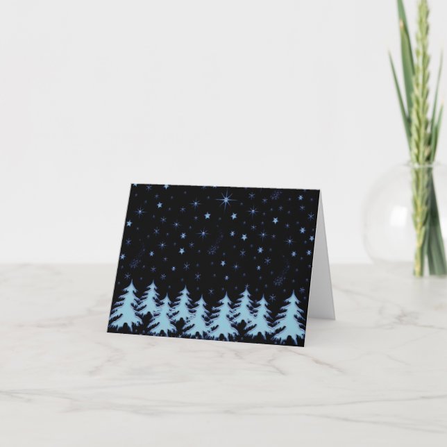 Blue shiny Christmas trees and stars on night sky Card (Front)