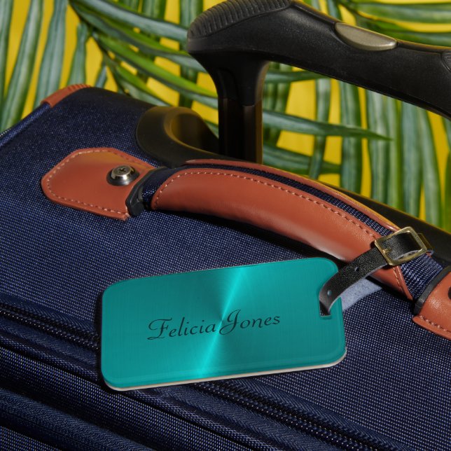 Blue shiny faux metal monogram luggage tag (Front Insitu 3)