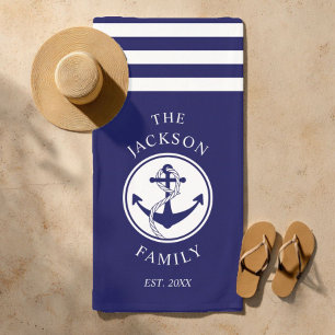 Blue Ship Anchor Stripe Summer Pattern Family Name Beach Towel