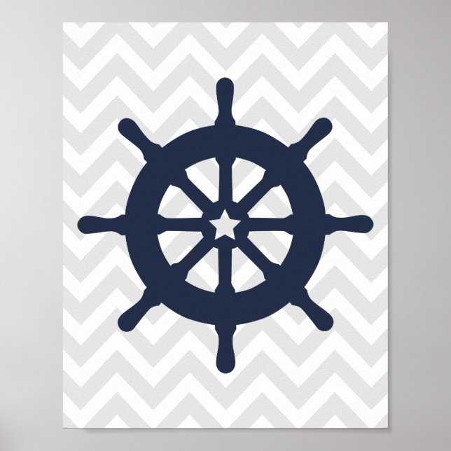 Blue Ship Wheel Nautical Nursery Poster (Front)
