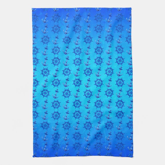 Blue Ships Wheel And Anchor Tea Towel (Vertical)