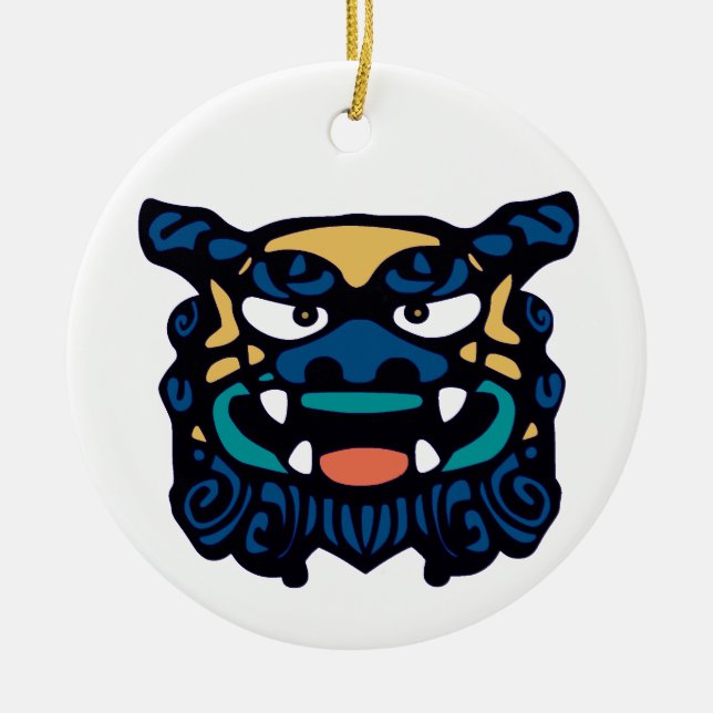 Blue Shisa Pair Ceramic Tree Decoration (Front)