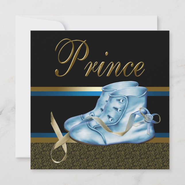 Blue Shoes Black Gold Prince Baby Shower Invitation (Front)