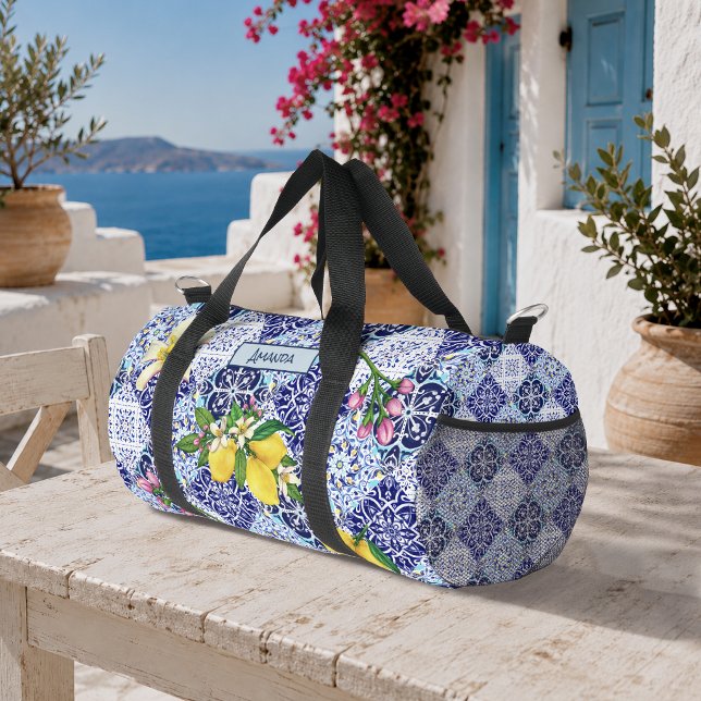 Blue Sicilian Mediterranean Citrus Tile Pattern Duffle Bag (Creator Uploaded)