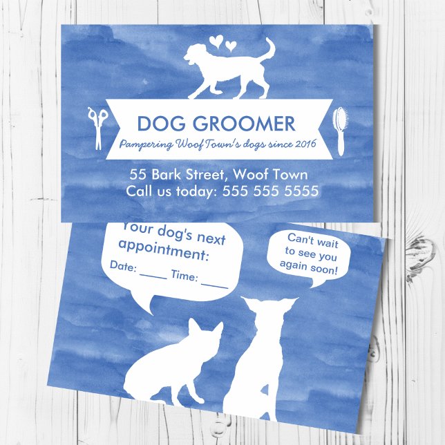 Blue Silhouette Dog Grooming Appointment Reminder Business Card (Creator Uploaded)