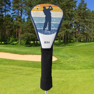 Blue Silhouette Golfer on Retro Stripe Golf Golf Head Cover