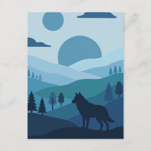 Blue Silhouette Wolf and Twin Moons Landscape Postcard