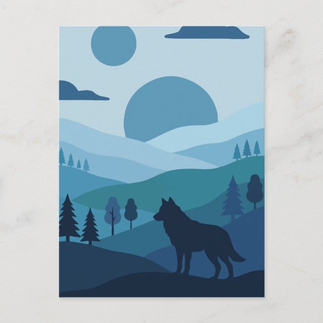 Blue Silhouette Wolf and Twin Moons Landscape Postcard (Front)