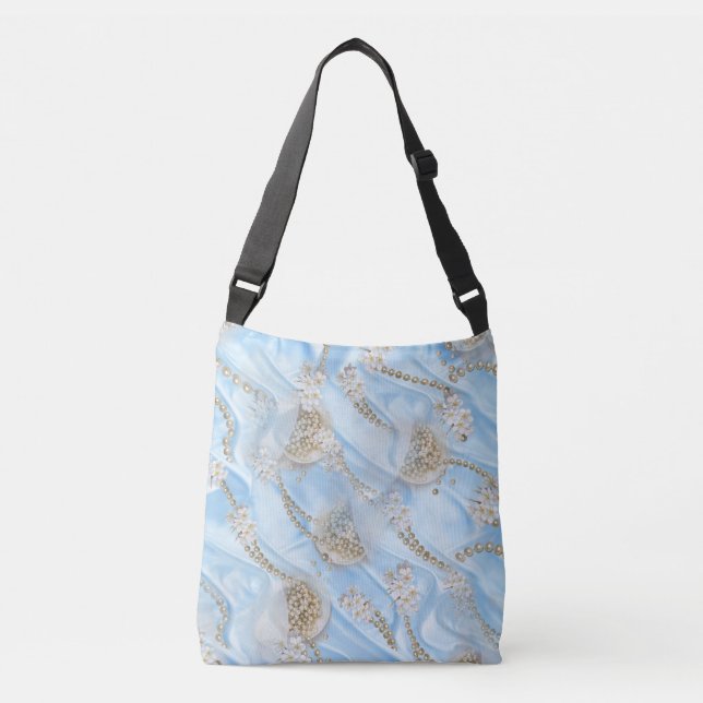 Blue Silk & Ivory Champaign Pearls Crossbody Bag (Front)