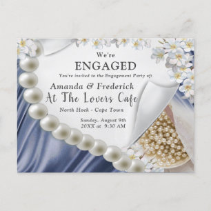 Blue Silk & Ivory Pearls Engagement Invitation Postcard