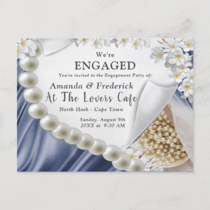 Blue Silk & Ivory Pearls Engagement Invitation Postcard