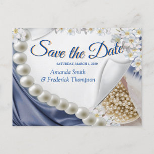 Blue Silk & Ivory Pearls Save the Date Announcement Postcard