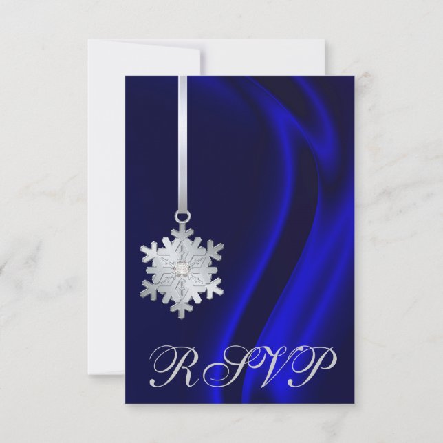 Blue Silk Silver Snowflake Jewel RSVP Invitation (Front)
