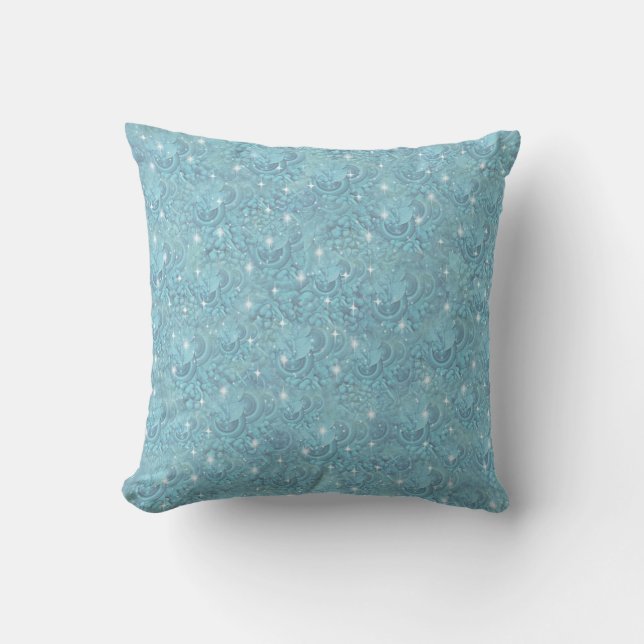 Blue silky repeat pattern & white sparkles cushion (Front)