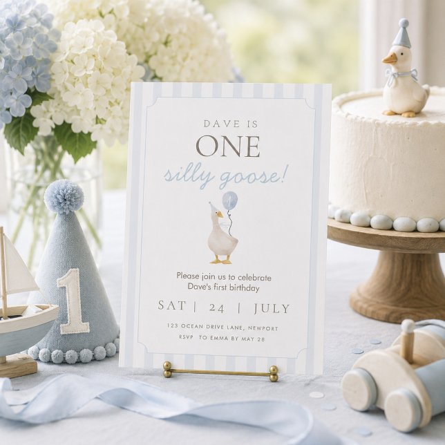 Blue Silly Goose First Birthday Invitation (Creator Uploaded)