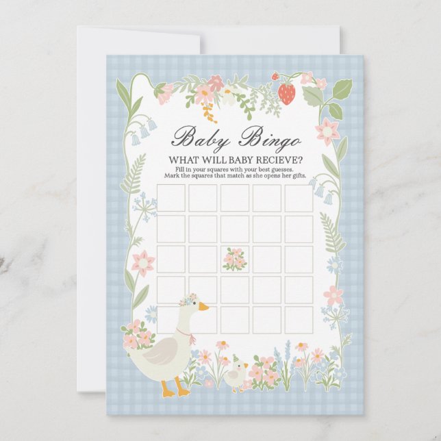 Blue Silly Goose Floral Gingham Baby Bingo Game Invitation (Front)