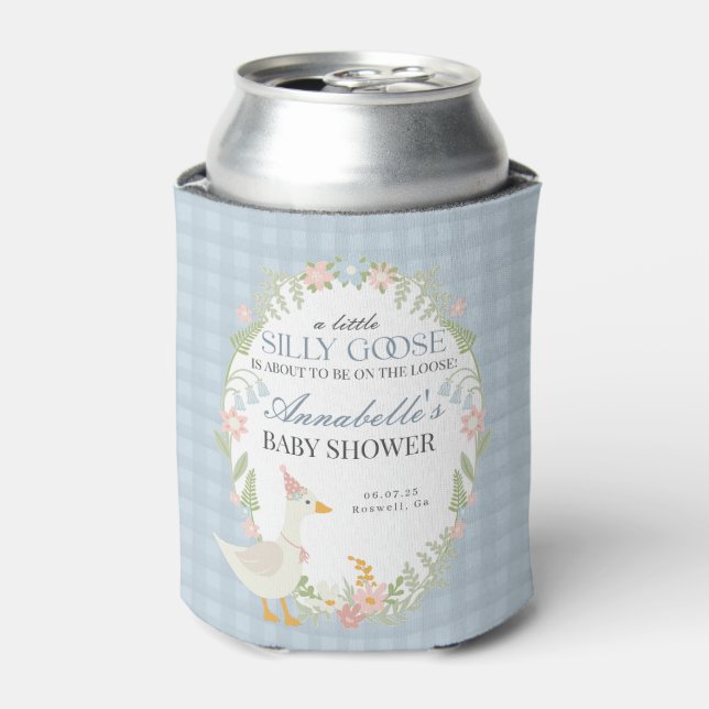 Blue Silly Goose Floral Gingham Baby Shower Favour Can Cooler (Can Front)