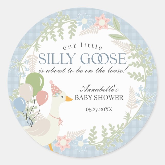 Blue Silly Goose Floral Gingham Baby Shower Favour Classic Round Sticker (Front)